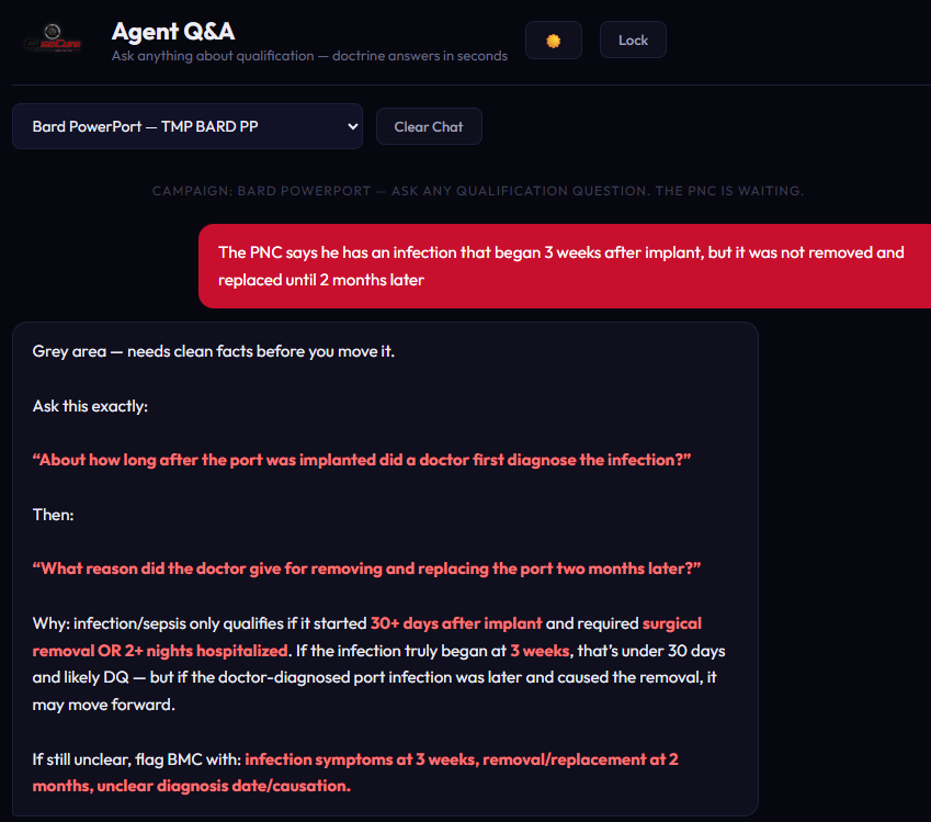 CaseCure Agent Q&A — real-time qualification coaching during a live intake call